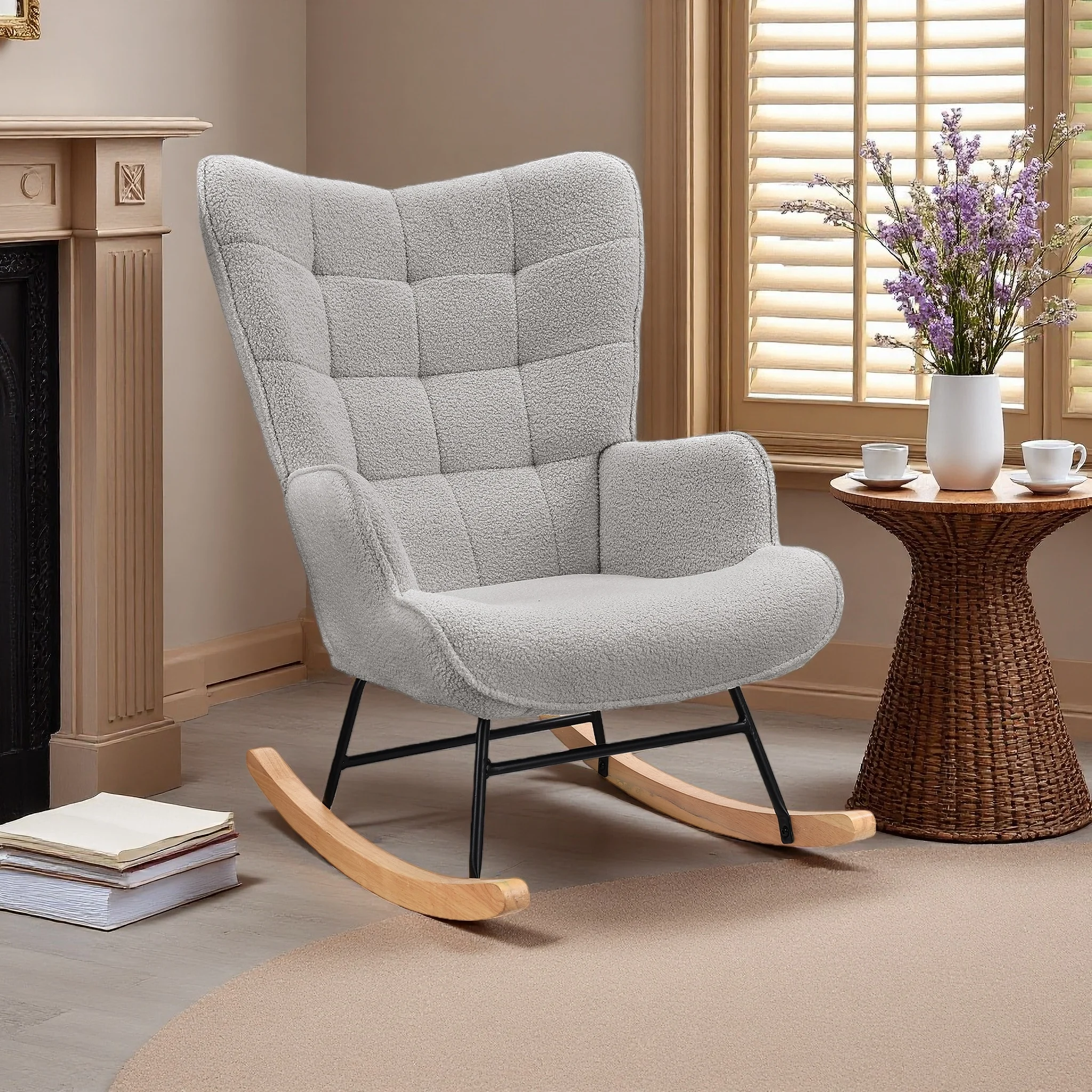 Comanlai Chaiselongue, Teddy-Velours Schaukelstuhl, Gepolsterter Sessel mit Armlehnen, Hohe Rückenlehne für Wohnzimmer, Schlafzimmer, Balkon Image