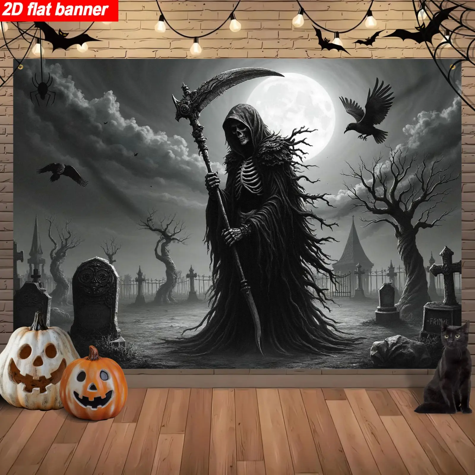 2D flach, 1 Stück Gothic-Halloween-Banner – Tod, Schädel, Friedhof-Hintergrund – Geister-Halloween-Party-Dekoration Image
