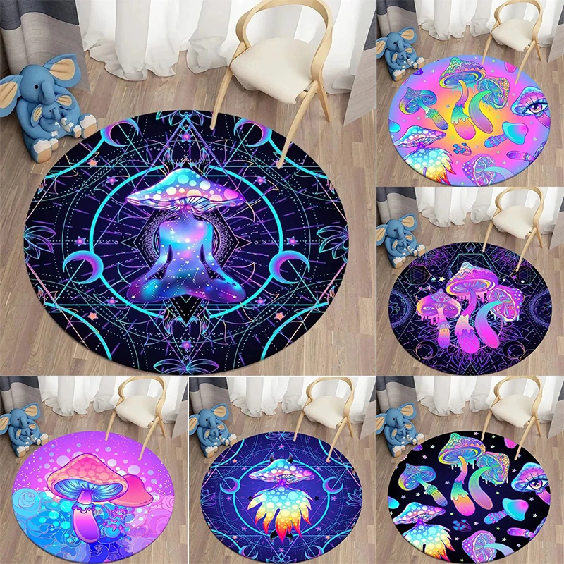 Runder Teppich mit psychedelischem Pilz, Boho-Pilze, Teppich für Zuhause, Wohnzimmer, Kinderzimmer, Dekor, rutschfeste kreisförmige Bodenmatte Image