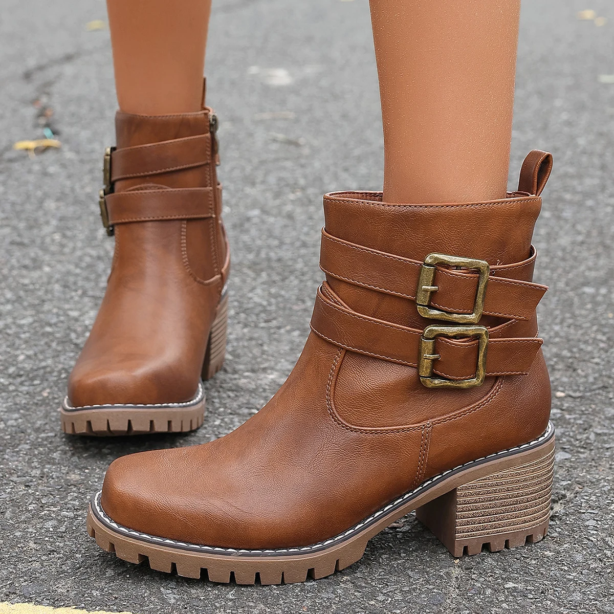 Stiefeletten im Vintage-Stil mit klobigem Absatz – braune Lederstiefel für Damen mit Schnallenriemen und dicker, rutschfester Sohle für Outdoor-Mode Image