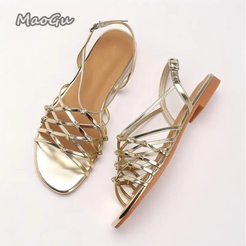 Gold frauen Woven Gladiator Sandalen Runde Kappe Knöchel Riemen Flache Strand Schuhe Böhmischen Sommer Casual Schuhe Alias Mujer