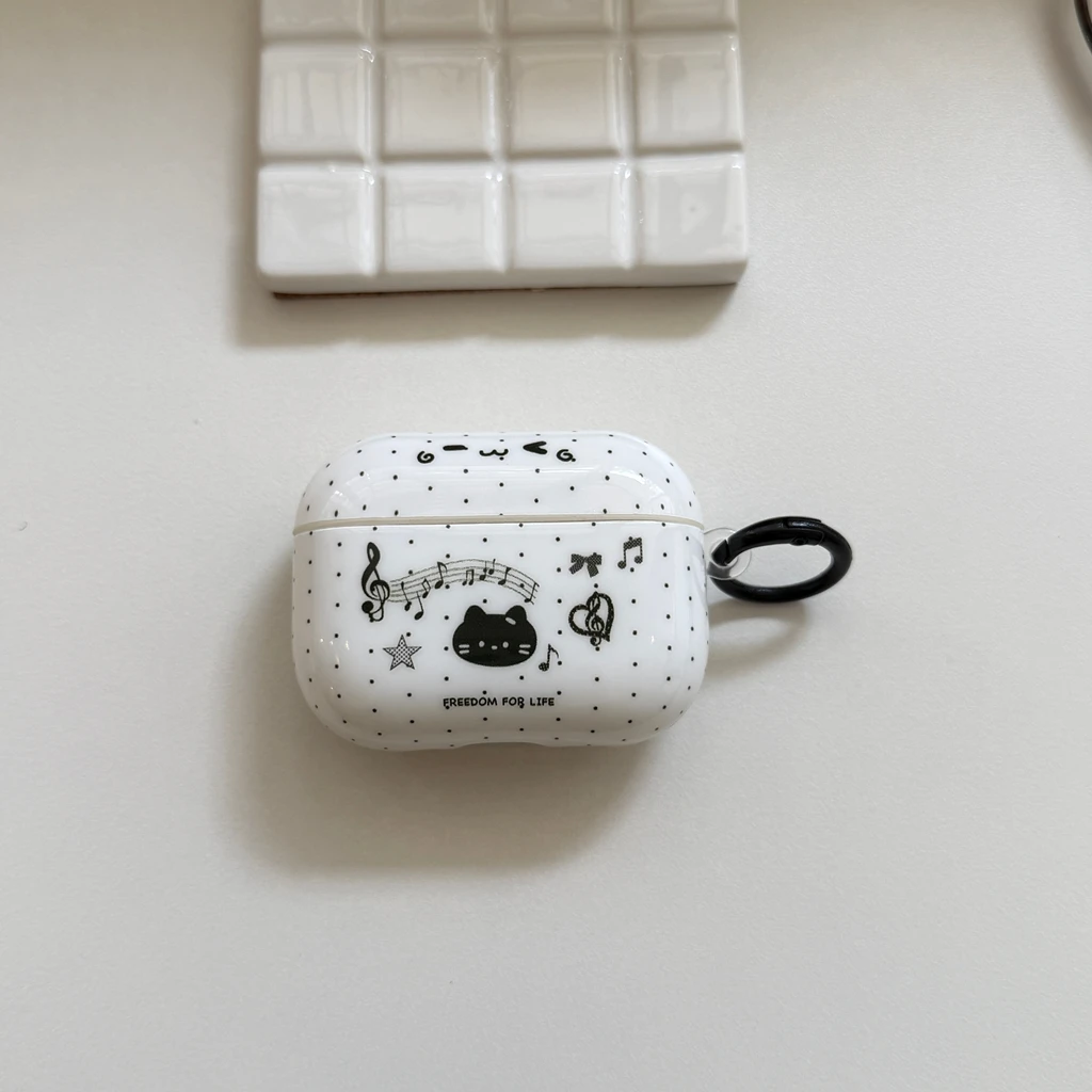 Niedliche Cartoon-Musiknoten-Katze mit schwarzen Punkten, glänzende Oberfläche, Kopfhörer-Schutzhülle für AirPods 2 3 4 Pro2 Pro3 Image