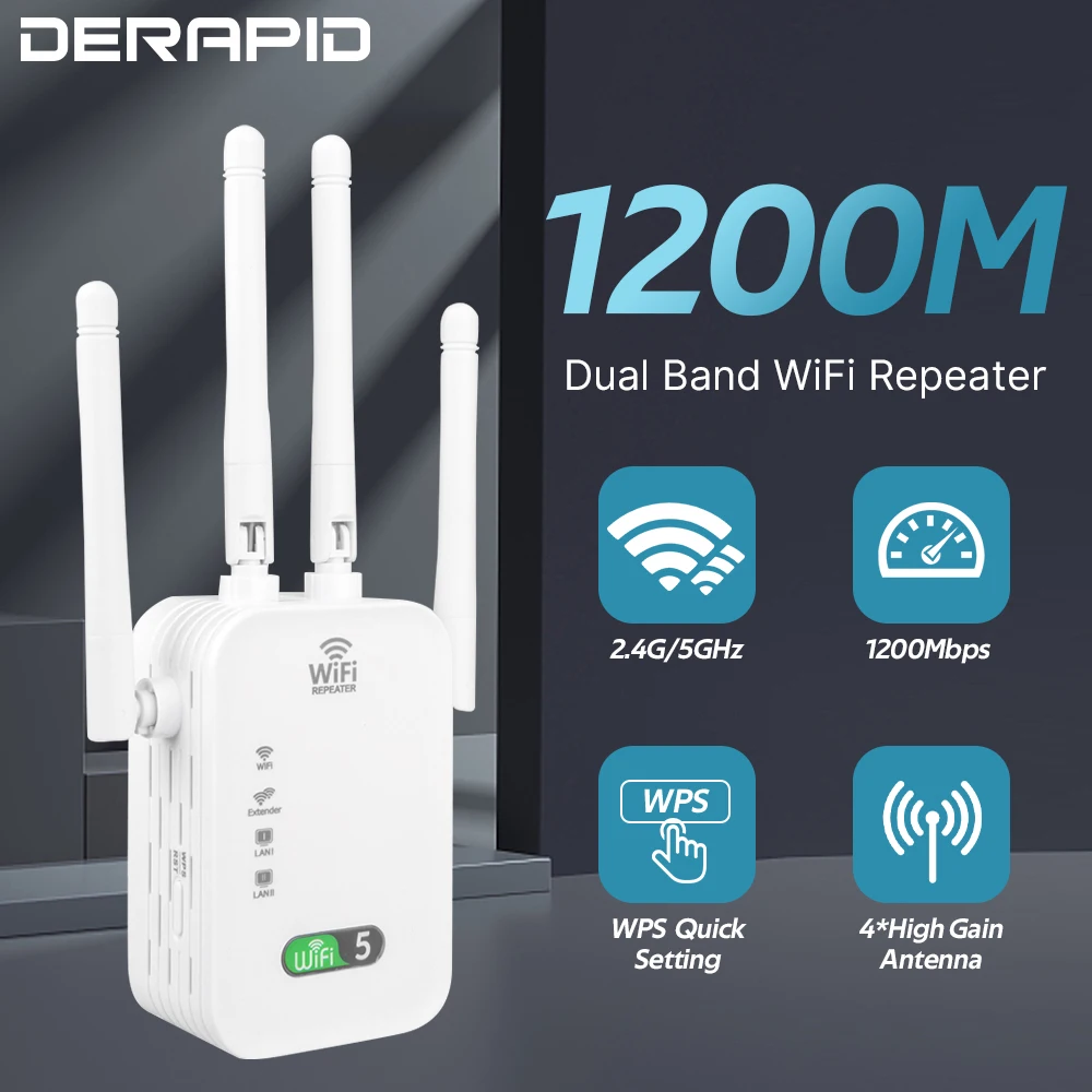 1200Mbps Dual Band WiFi Repeater Drahtlose Signal Extender 2,4G 5GHz Wi-Fi Verstärker Router Long Range Signal Booster für Zuhause Image