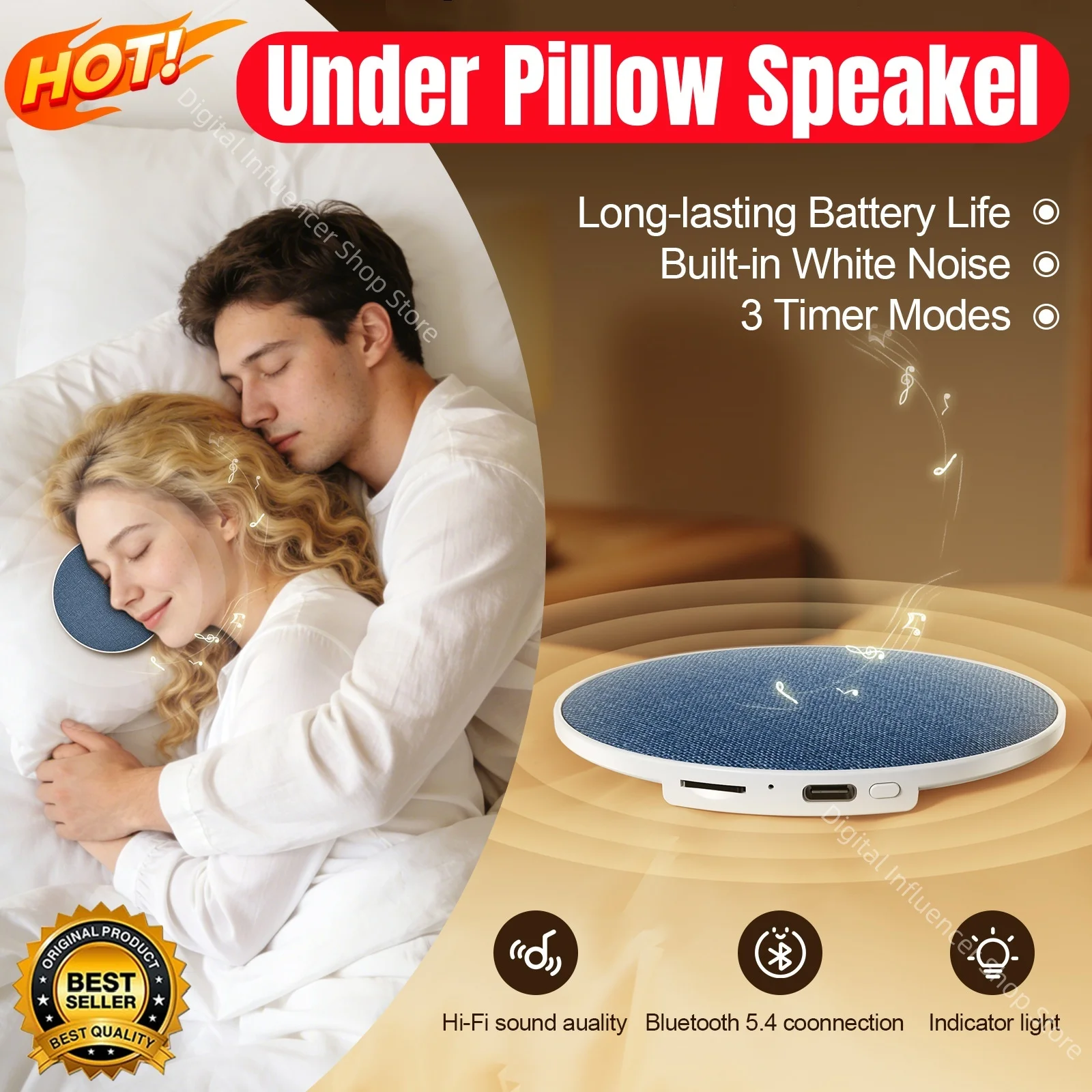 Mini Unter-Kissen Schlaf-Lautsprecher Bluetooth 5.4 Hi-Fi Dynamischer Klang Kabelloser Musikplayer Ultraschall-Schlafhilfe-Gerät für den Nachttisch Image