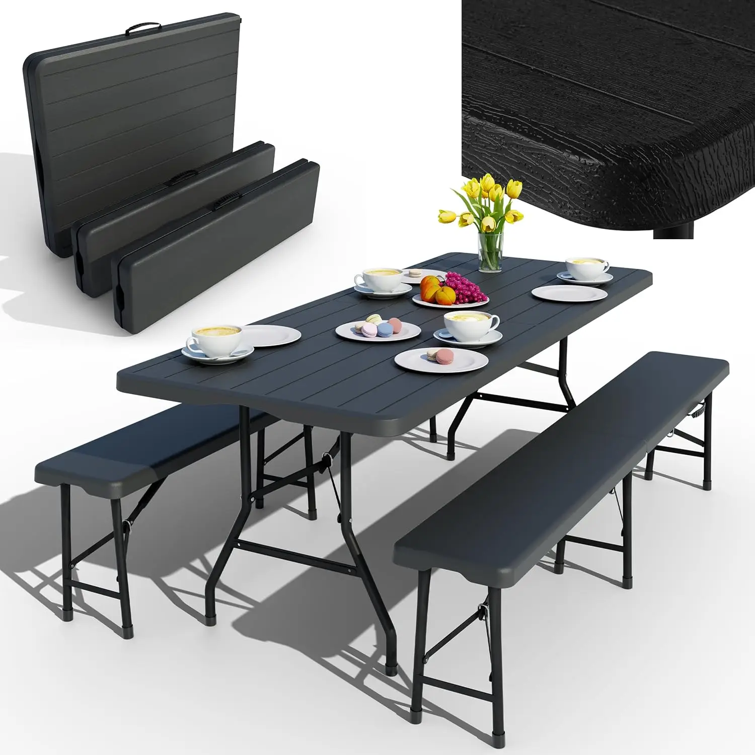 Bierzelt-Set mit Holzeffekt für 8 Personen – 3-teilig – Tisch mit 2 Bänken im Set – Bier-Tisch-Set aus langlebigem, individuell gestaltet