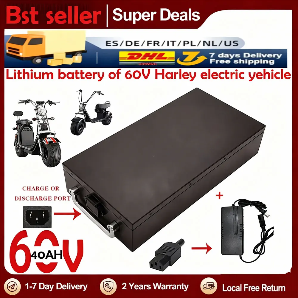 Harley-Akku Citycoco Elektro-Akku 60 V 30 Ah-40 Ah für 250 W ~ 1500 W Harley-Motorrad, wasserdichte Lithium-Batterie + 67,2 V Ladegerät Image