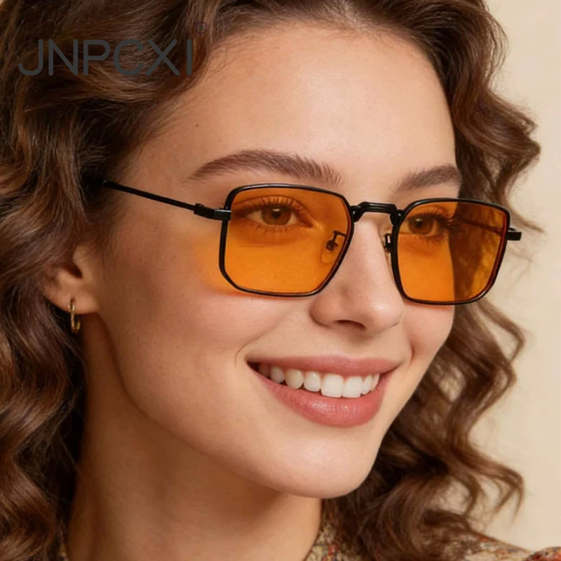 JNPCXI Neue Quadratische Metall-Sonnenbrille für Damen, Modische Klare Schwarze Orange Ocean-Gläser, UV400-Schutz, Punk-Sonnenbrille für Herren