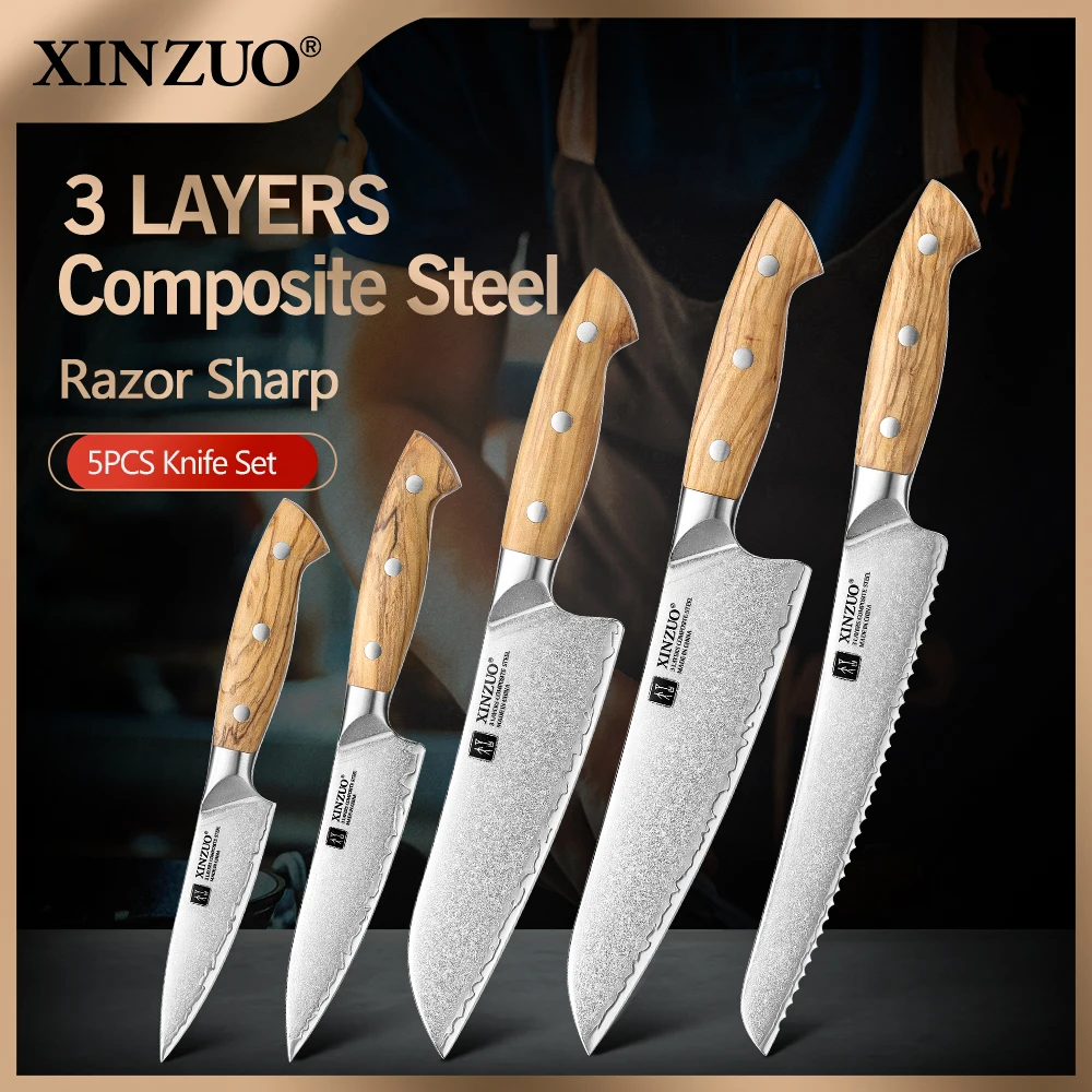 XINZUO 1-5-teiliges Messerset aus Verbundstahl – Schälmesser, Allzweckmesser, Kochmesser mit 10Cr15CoMoV-Kern, leicht, hochgradig rostbeständig, Geschenkbox Image