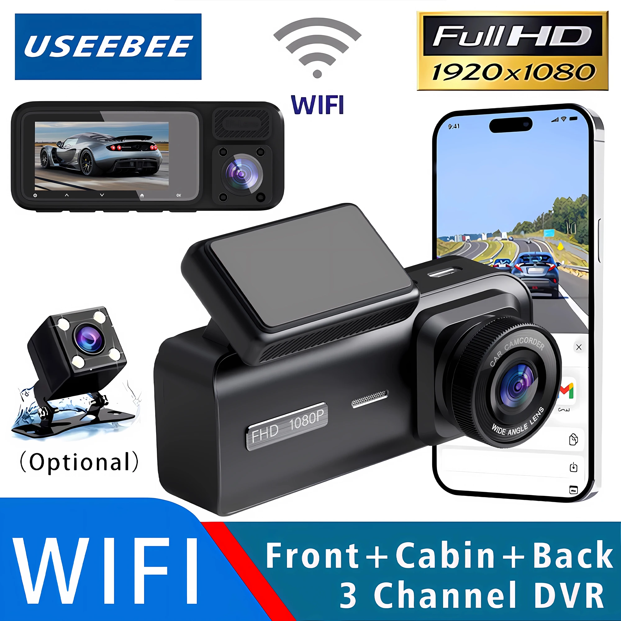 3-Kanal WLAN Dashcam HD 1080P Auto-DVR Innenraum-Fahrzeugkamera Dreifach-Kamera Mini-DVRs Rekorder Video-Registrator Dashcam Camcorder Image