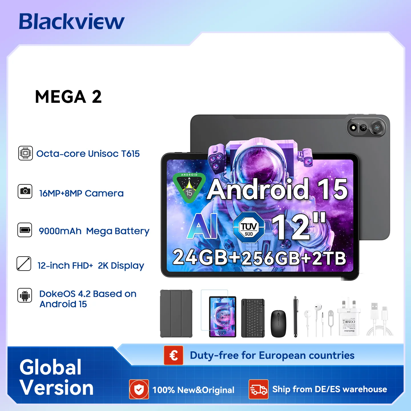 Blackview MEGA 2 Tablet-PC-Set mit Tastatur, Maus, Eingabestift, 12 Zoll 2K-Display 12 GB + 24 GB RAM 256 GB ROM, Android 15 Tablet, 9000 mAh Image