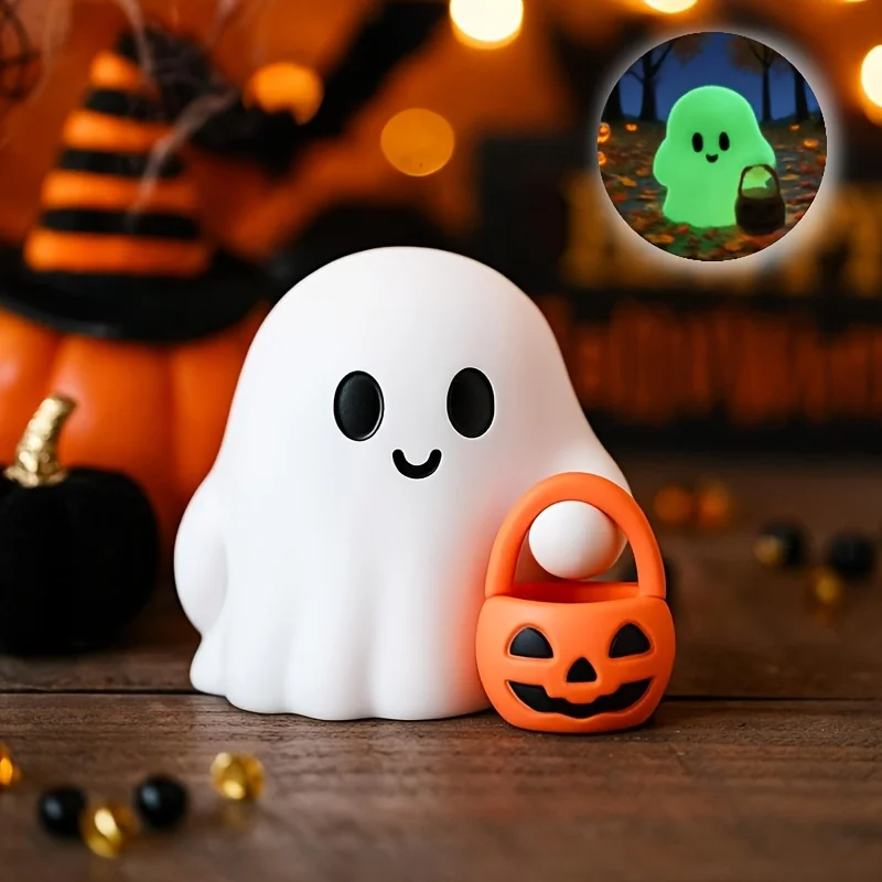 1 Stück niedlicher orangefarbener Kürbis mit Geistern, Halloween-Harz, für drinnen und draußen, gruselige Party-Dekoration mit ausdrucksenden Augen und Körben Image