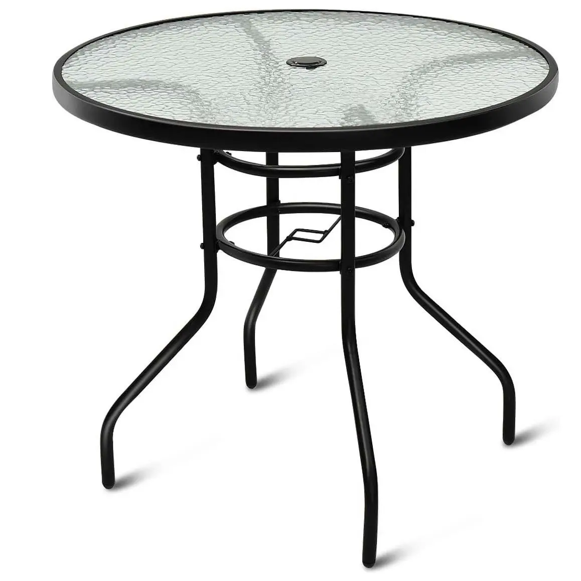 Gartentisch mit Schirmloch, 80 x 80 x 71 cm, Terrassentisch mit Tischplatte aus gehärtetem Glas und Metallrahmen, runder Balkontisch