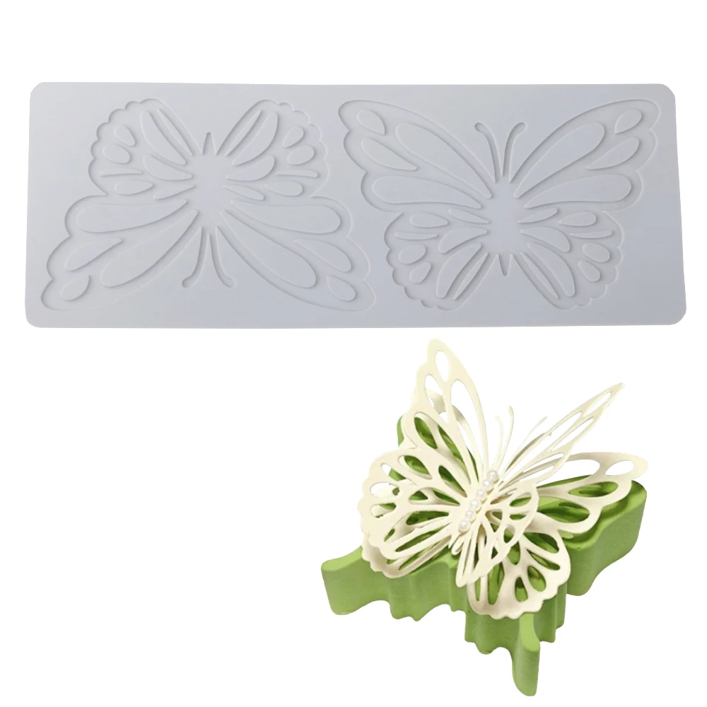 2-Hohlraum-Schmetterlings-Fondant-Spitzenmatte, Schokolade, knusprige Beschichtung, dekorative Form, molekulare Gastronomie, französisches Gebäck, Silikonform Image