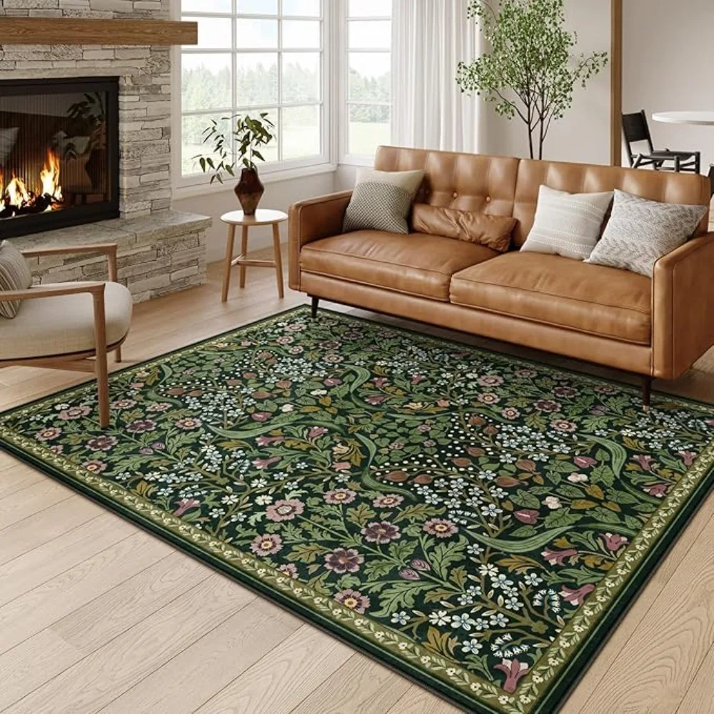Blumen-Teppich, Matte, Teppich, beige-grünes Weinrebenmuster mit buntem Blumen-Design, weiche Bodenmatte für Wohnzimmer, Heimdekoration, Teppich Image