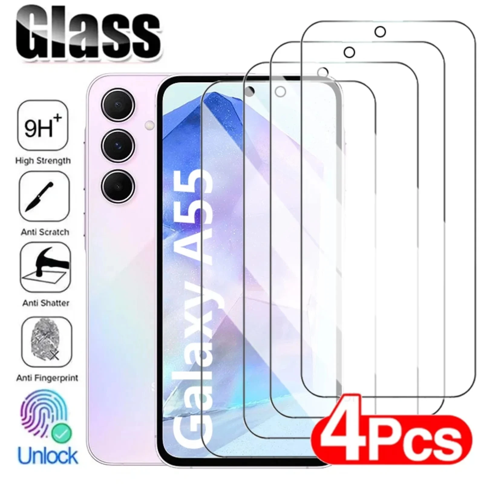 4 Stück Gehärtetes Glas Displayschutzfolie für Samsung Galaxy S20 S21 S23 FE A51 A52 A53 A54 A55 A33 A73 A13 A14 A15 Vollständige Abdeckung HD Image