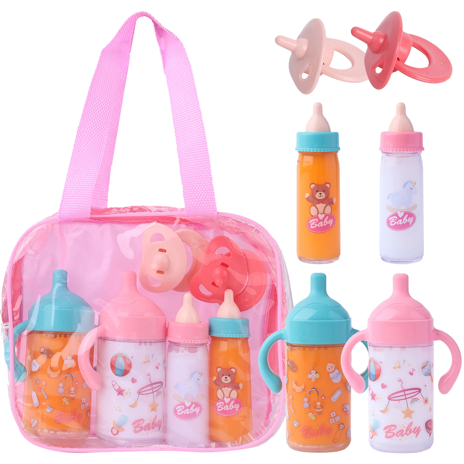 Großes Babypuppen-Flaschen-Set, 6-teiliges Babypflege-Spielzeug, Kinderwagen, 2 Milch- und Saftflaschen mit Spielzeug-Schnuller für Babypuppen Image