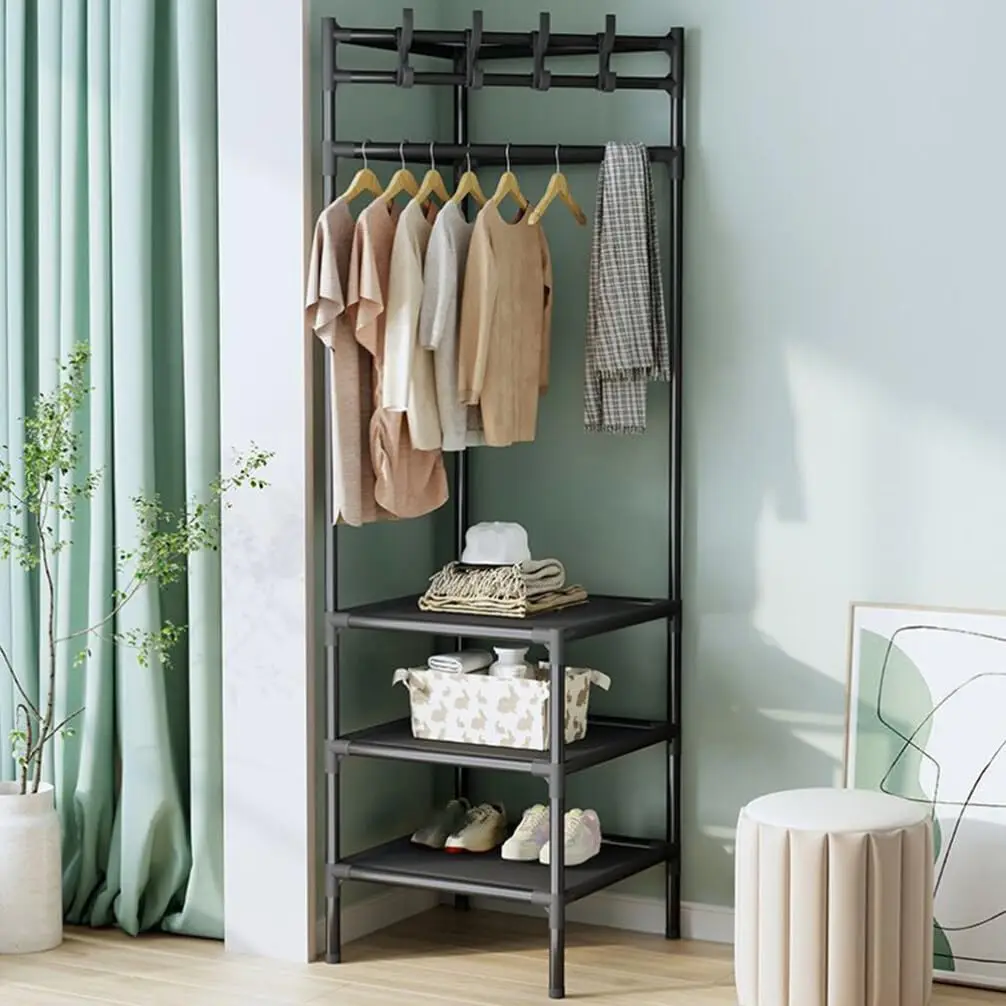 Bodenstehender Kleiderständer aus Metall, Eckgarderobe, Mehrzweck-Schuhregal, Ecklagerregal, Garderobe für Kleidung im Flur, Schlafzimmer