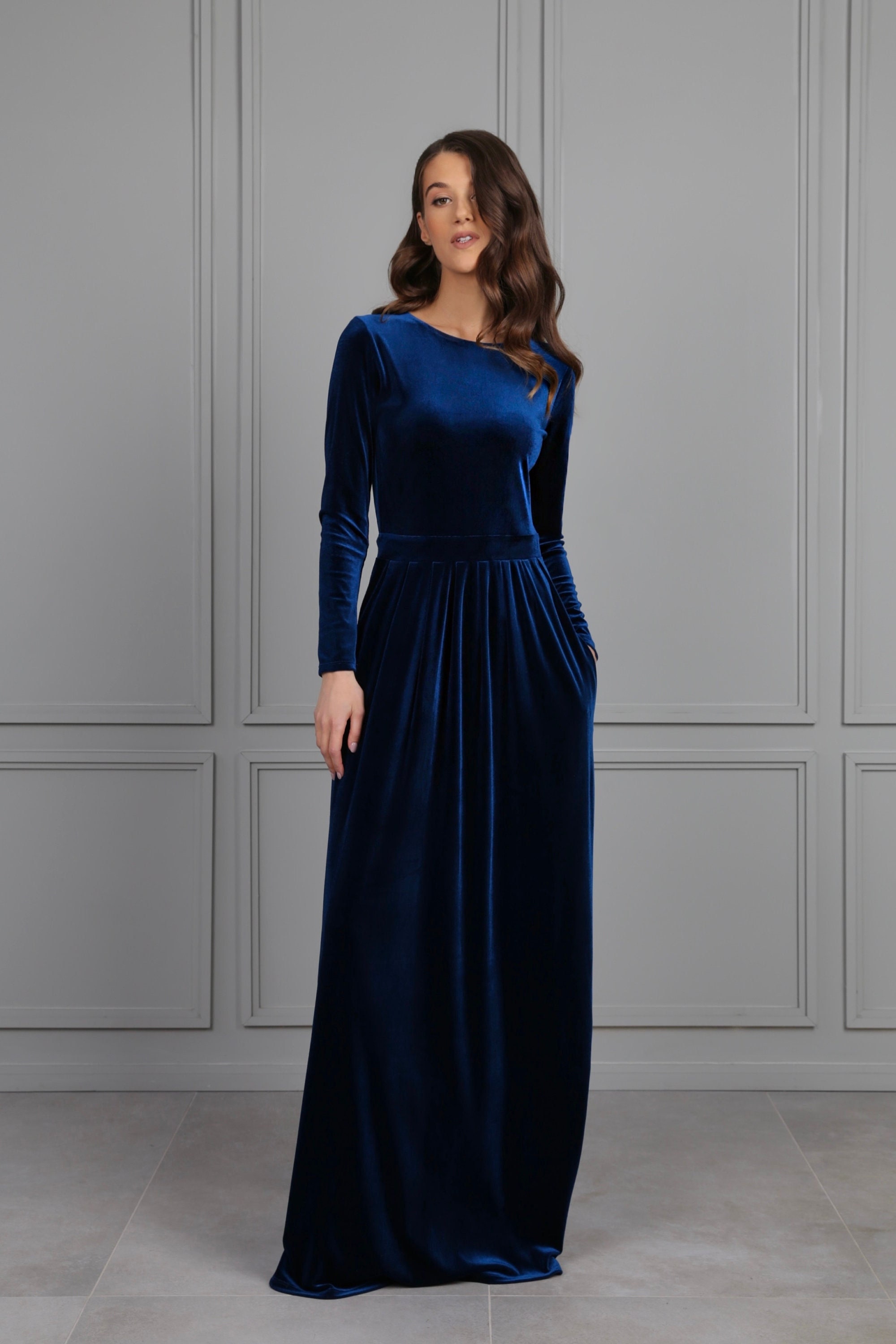 Abito da damigella d'onore in velluto verde acqua, abito con tasche, abito da invitata a nozze, abito lungo, abito lungo, abito elegante, abito formal