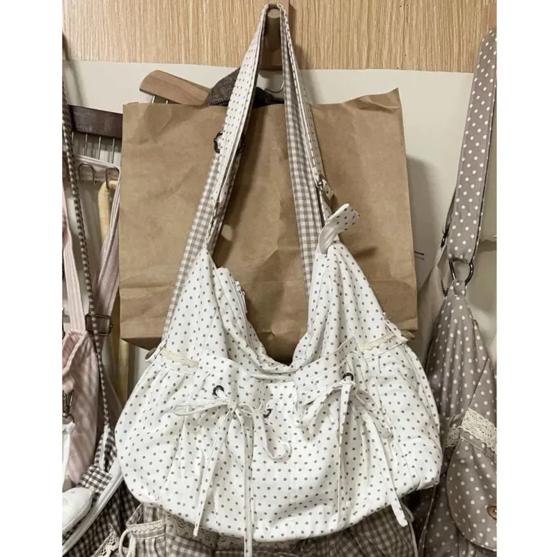 Weißer Punkt Koreanische Umhängetasche Große Kapazität Casual Tote Bag Schleifen Schnürung Kawaii Umhängetasche Reißverschluss Vielseitige Tasche für Frauen