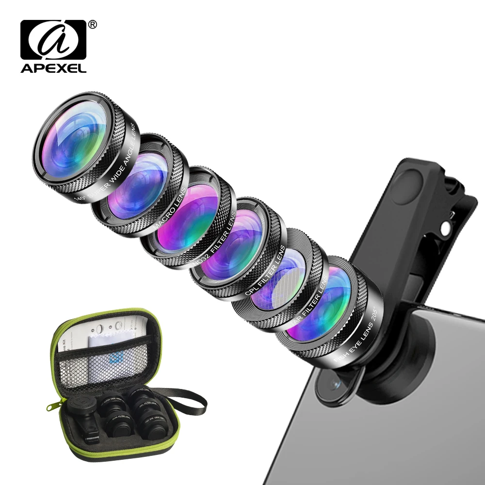 APEXEL Universelles 6-in-1-Telefonkamera-Objektiv-Set, Fischaugenobjektiv, Weitwinkel-Makroobjektiv, CPL/StarND32, Filter für fast alle Smartphones Image