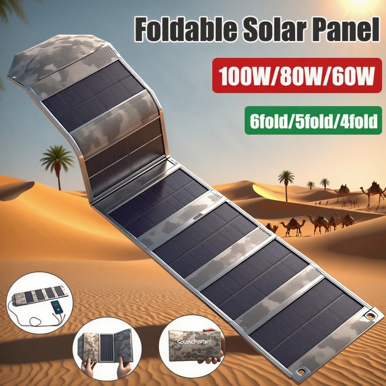 Leistungsstarkes faltbares Solarpanel, 5 V, USB, tragbare Falttasche für Handy, wasserdichte Outdoor-Powerbank für Camping, Wandern Image