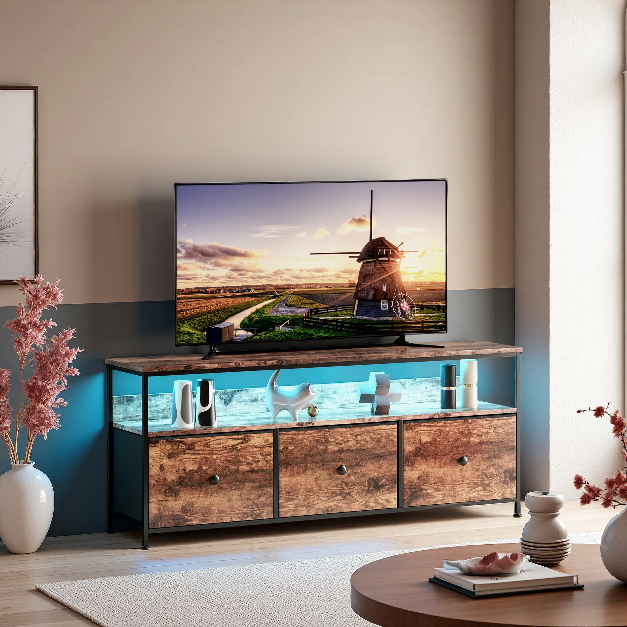 Anajqaqia Retro-LED-TV-Schrank, funktioneller Schrank mit 3 abnehmbaren Stoffschubladen für Wohnzimmer und Schlafzimmer, 108×30×57 cm Image