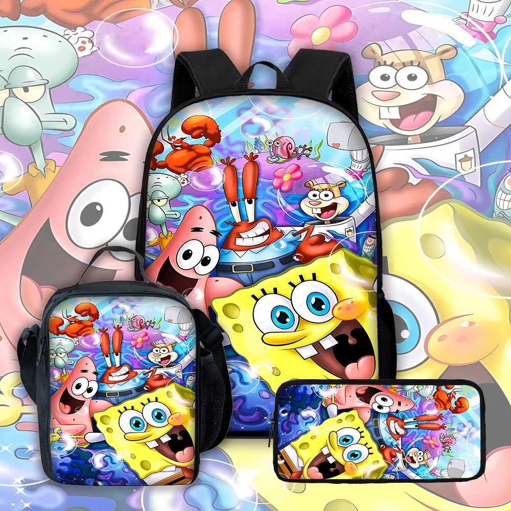 Sac à dos d'école pour enfants, dessin animé mignon S-spongebobS, avec sacs à déjeuner, sacs à crayons, sacs d'école pour garçons et filles, meilleur cadeau
