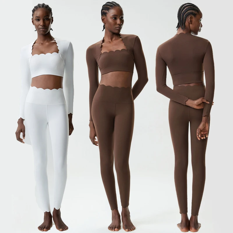 Ensemble de yoga fitness deux pièces pour femmes, couleur unie, manches longues, tenue de sport ajustée, respirante, vêtements de sport féminins