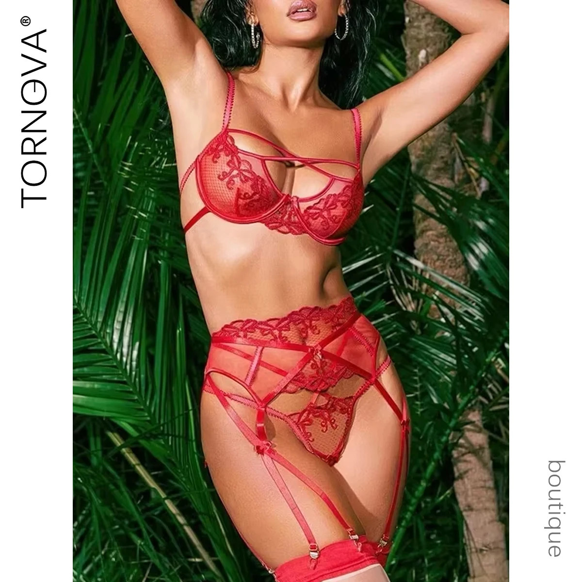Tornova Sexy broderie Lingerie pour Femmes fantaisie dentelle croix soutien-gorge Ensemble Lingeries Femmes porte-jarretelles Ensemble Sexy sous-vêtements chauds nouveau