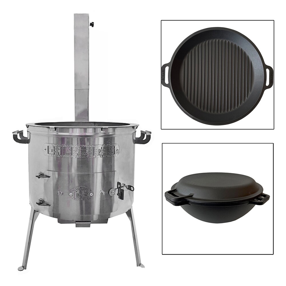 Grillpeter Utschak Set Timur Edelstahl mit Schornstein Kazan 15 Liter Grilldeckel-Pfanne aus Gusseisen Image