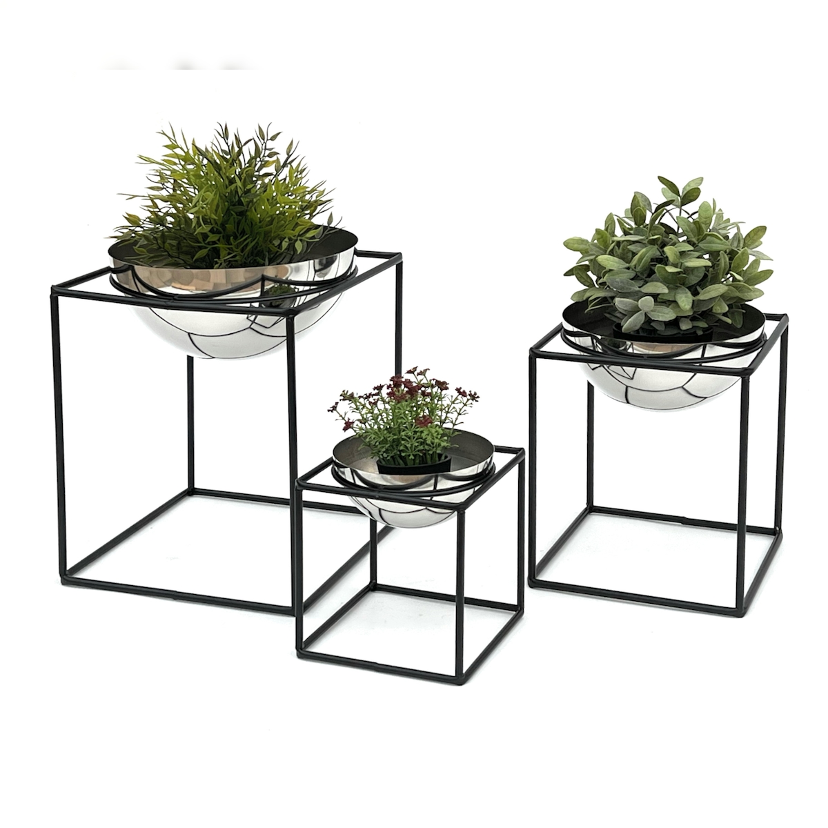 DanDiBo Blumenhocker Metall mit Topf Schwarz Silber Blumenständer 96256 3er Set Blumensäule Modern Pflanzenständer Pflanzenhocker Image