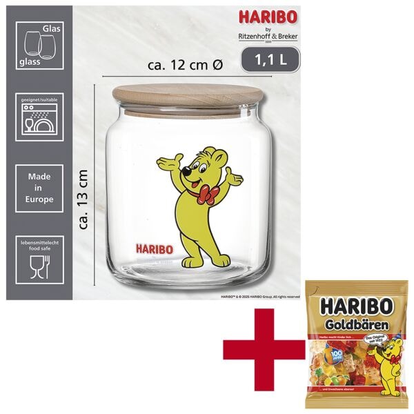 Ritzenhoff & Breker Vorratsglas mit Holzdeckel »HARIBO Hands Up« 1,1 L inkl. Fruchtgummi »Goldbären« weiß, 12x13 cm Image