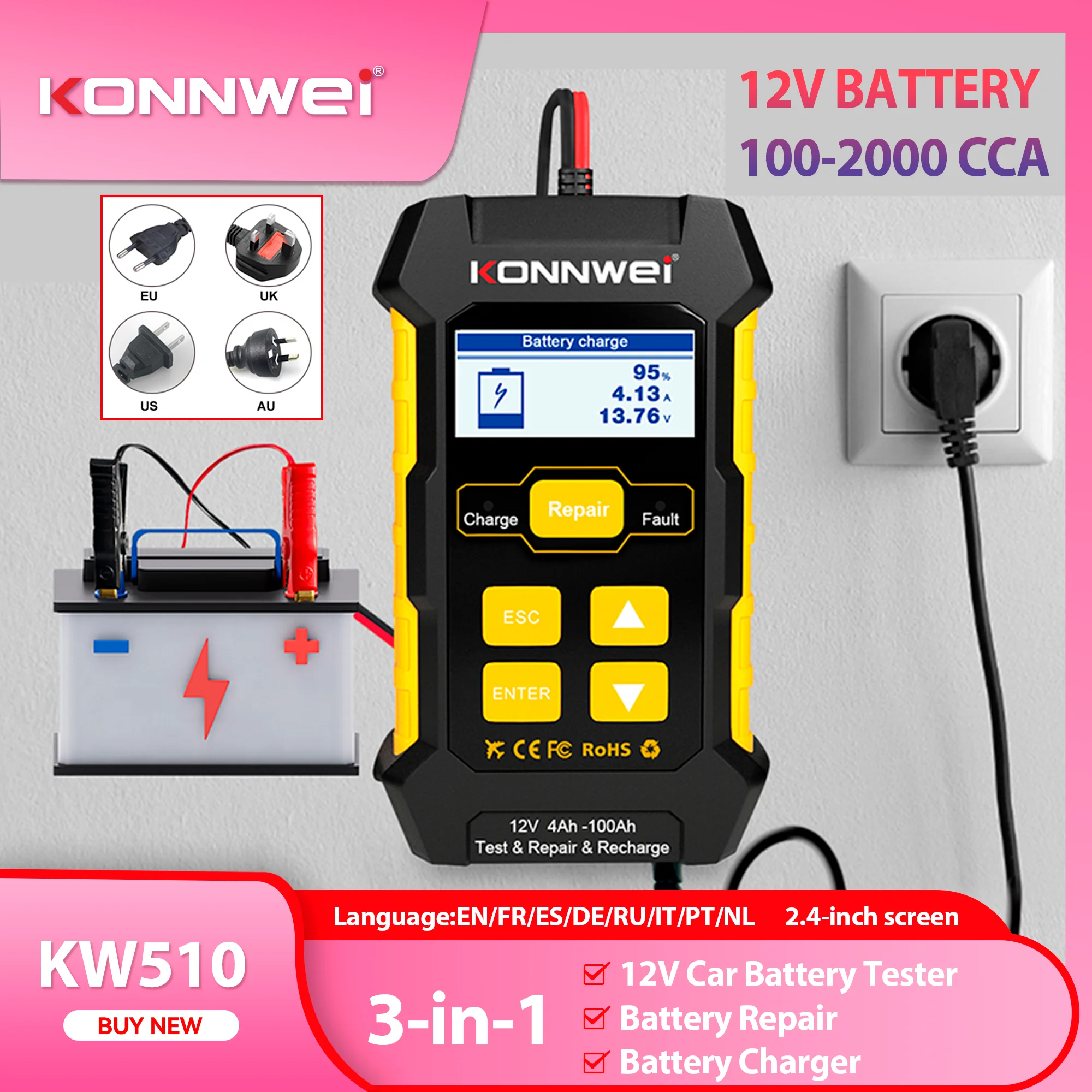 2026 KONNWEI KW510 12 V Auto Batterie Tester Vollautomatische Puls Reparatur Batterie Ladegeräte Nass Trocken AGM Gel Blei Säure auto Reparatur Werkzeug Image