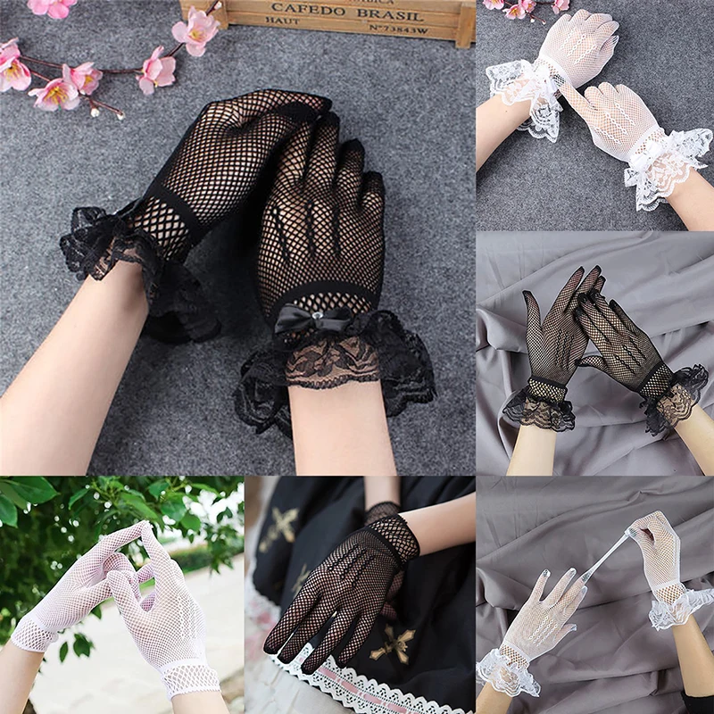 Frauen Vintage schiere kurze Spitze Handschuhe Braut Hochzeit Handschuhe Derby Tee Party Handgelenk Länge Blumen handschuhe für Abendessen Phantasie Kostüm a