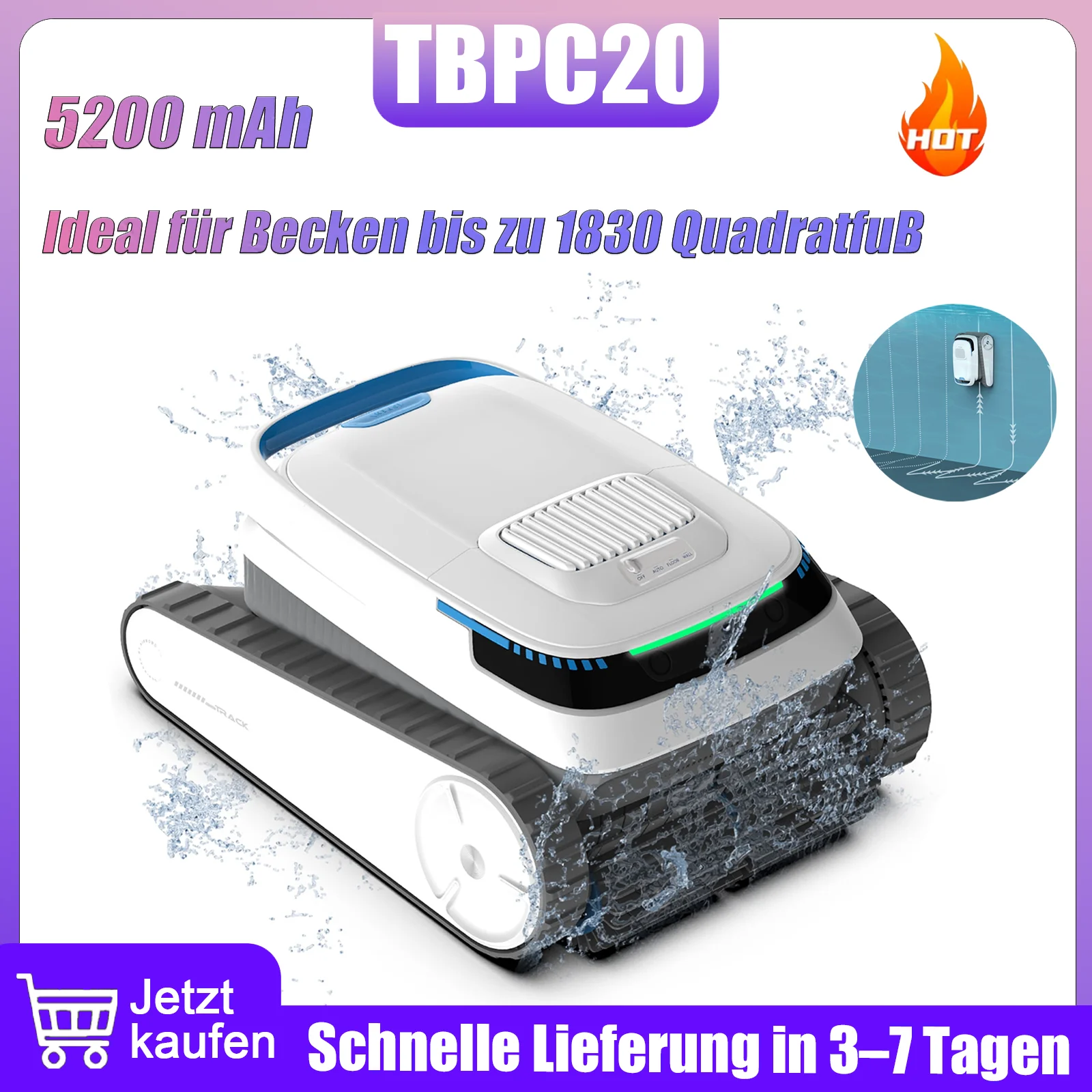 TBPC20 Smart Poolreinigungsroboter - Wandkletterfunktion, 120 Minuten Laufzeit, Für Ein- und Oberirdische Pools, Reinigt Böden & Wände Image