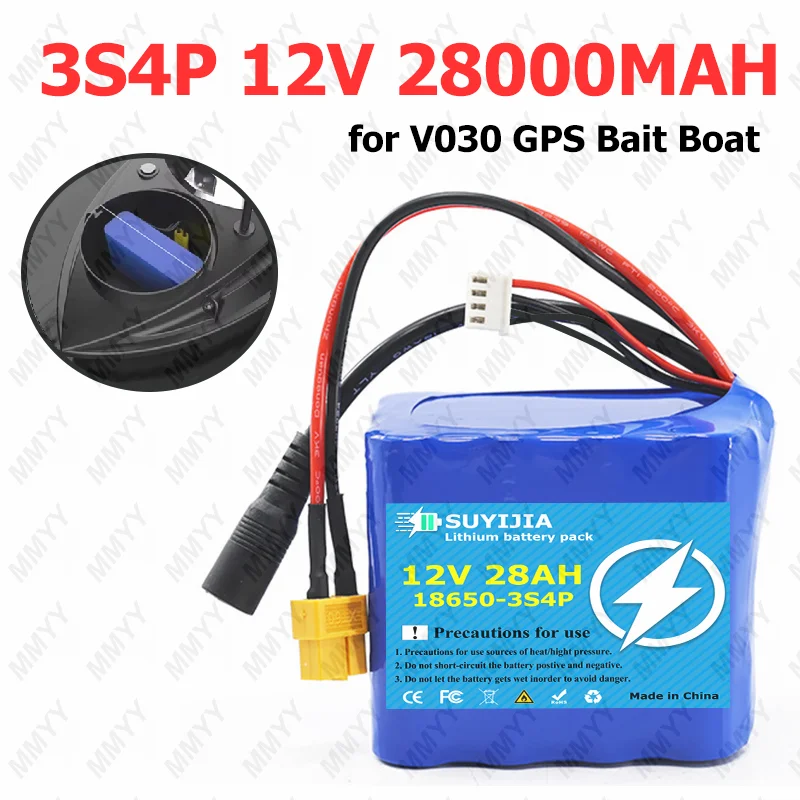 18650 3S4P Lithium-Ionen-Akku, 12 V, 28000 mAh, Hochleistungs-Fernbedienung, Angelköder, Bootsbatterie für HJ817 V080 Köderboot Image