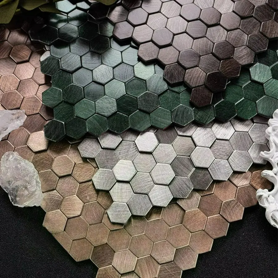 3D Mosaik Metall Aluminium Sechseck-Panel Wandaufkleber Selbstklebend Gold Abstrakt Wasserdicht Küche Badezimmer Fliesen Wanddekoration