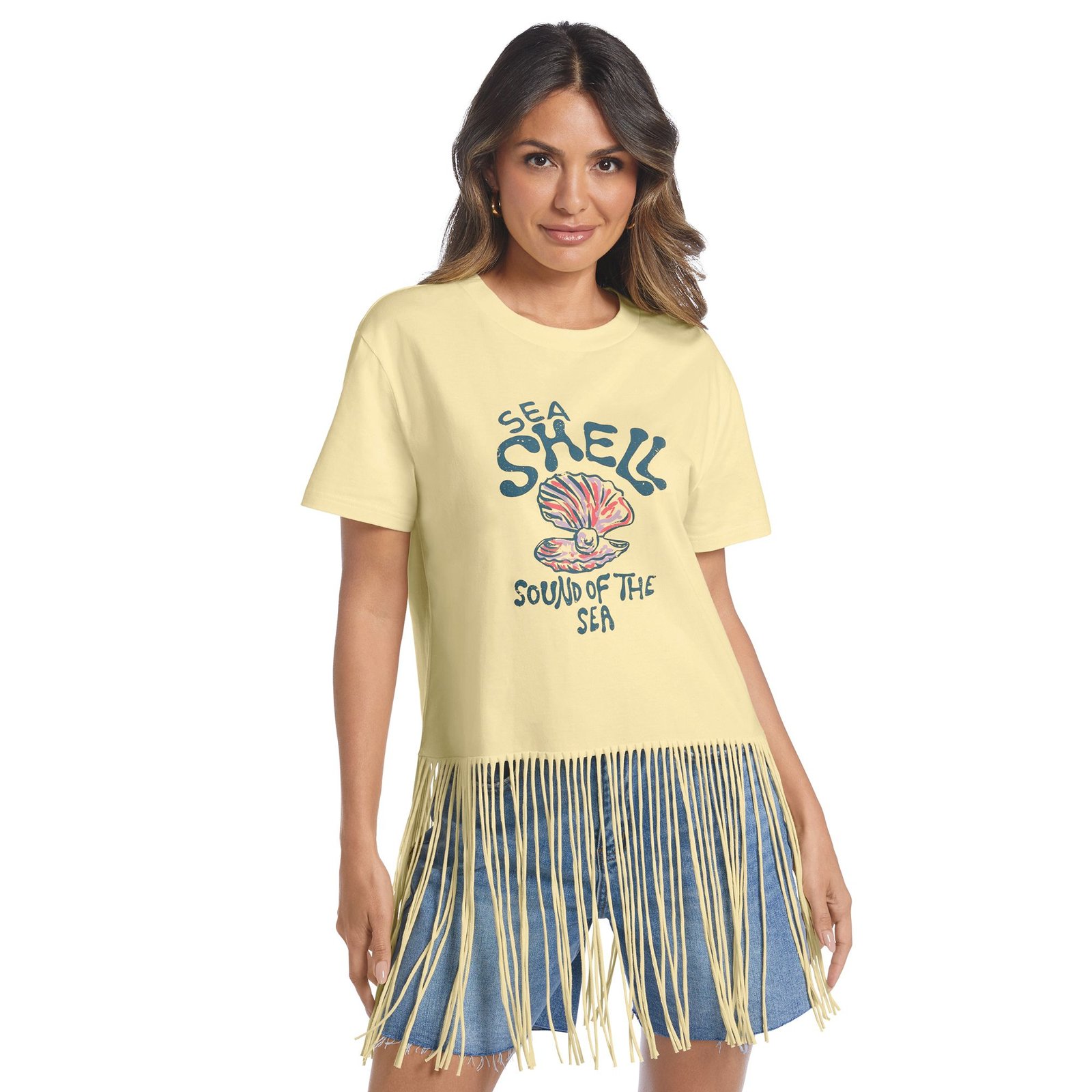 Masseys Vacation Mode Fringe Tee (Size L) Pastel Yellow/Shell, Cotton
