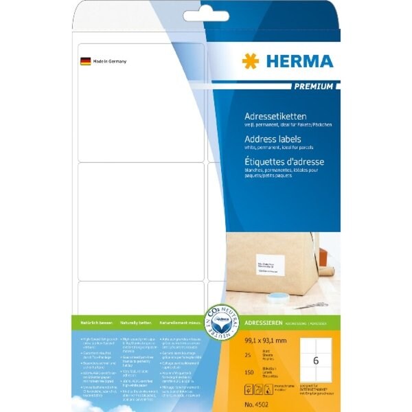 HERMA PREMIUM Etiketten 99,1 x 93,1 mm, 150 Etiketten , weiß, matt, permanent haftend, Blattformat: DIN A4 Image