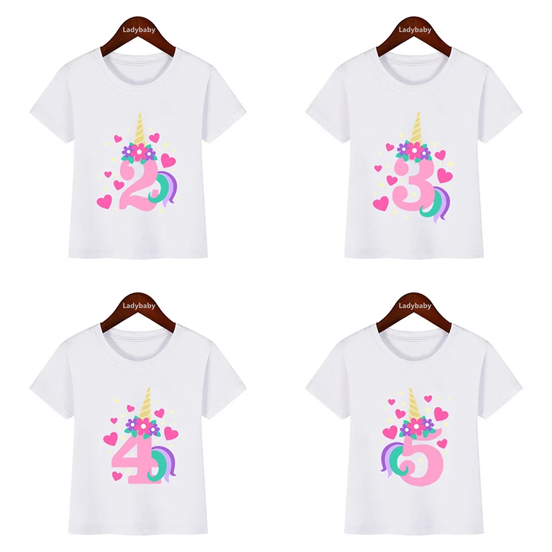 Carino Unicorno Buon Compleanno Numero Arco Maglietta per bambini 1 2 3 4 5 6 7 8 9 anni Vestiti per ragazze Estate Manica corta Neonati maschi T-shirt