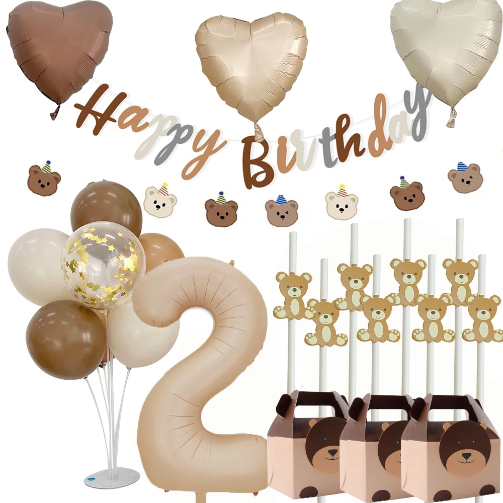 Set di palloncini foil con lettere a forma di cuore vintage, cannucce per banner di orsi di carta per bambini, decorazioni per feste di buon compleanno, forniture per feste fai da te