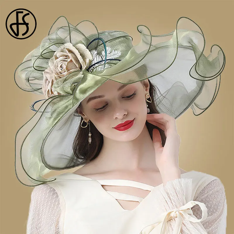 FS Fiore Fascinator Cappelli Per Le Donne Signore Kentucky Derby Tesa Larga Matrimonio Chiesa Organza Cappello Da Sole Elegante Grande Cappelli Fedora
