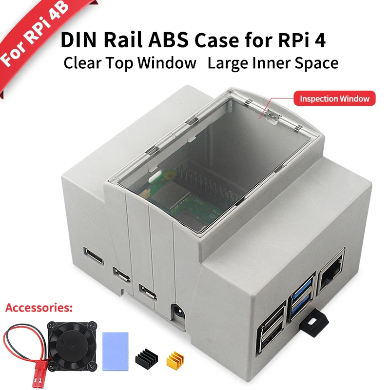 Custodia in ABS Raspberry Pi 4B Montaggio su guida DIN Custodia di protezione per spazio interno di grandi dimensioni con dissipatori di calore per ventola di raffreddamento per Pi 4 Modello B