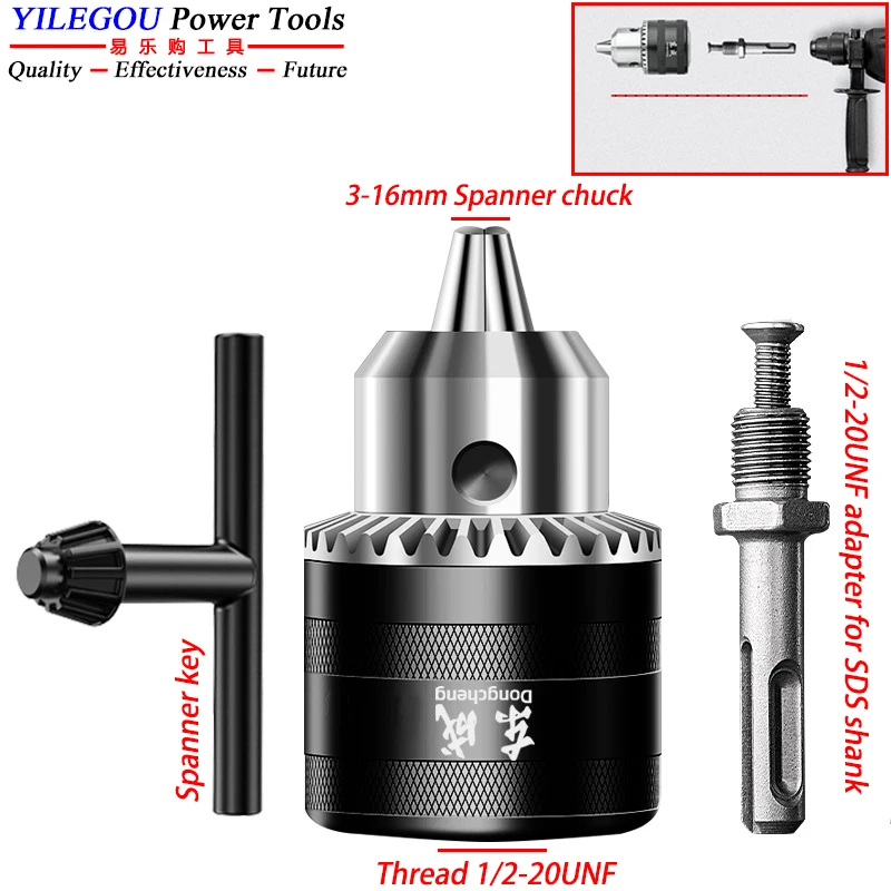 Adattatore di SDS-PLUS con 10mm 13mm 16mm chiave trapano Chuck uso per martello elettrico. Adattatore SDS-PLUS con filettatura Chuck: 1/2-20UNF.