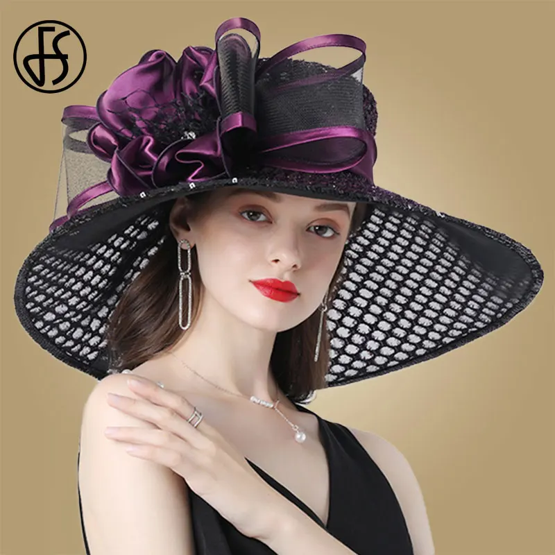 Cappelli da fascinator derby viola FS Cappelli da Kentucky da sposa per donna Cappelli da donna con fiori Cappello da chiesa in organza Fedora a tesa larga larga