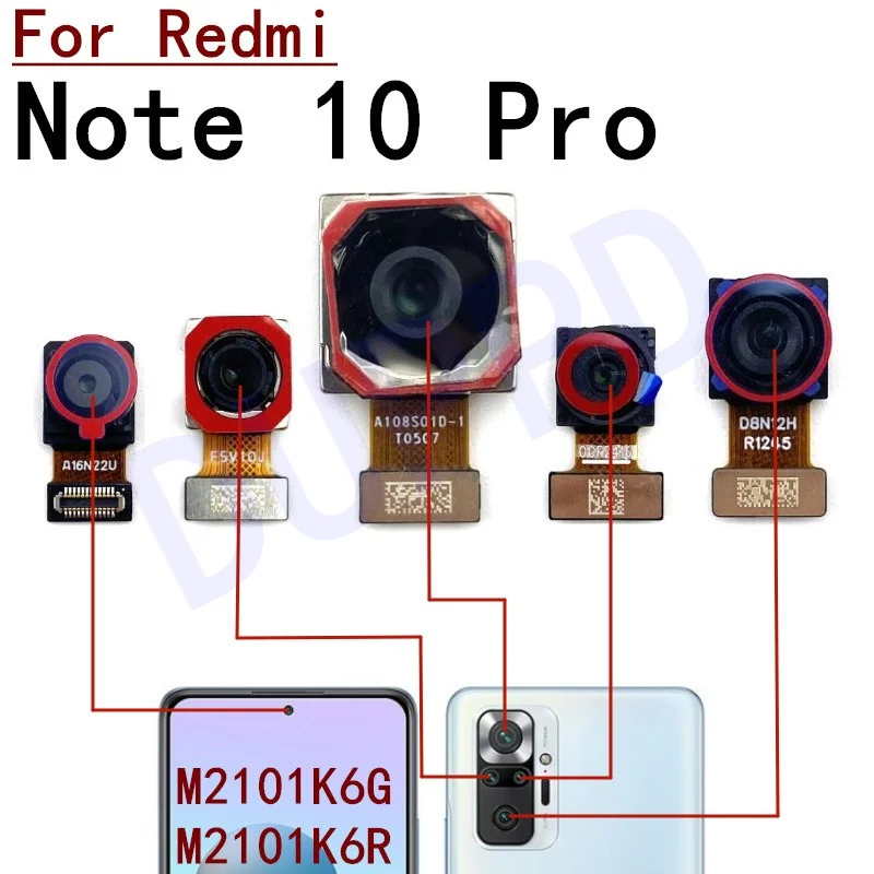 Fotocamera principale anteriore posteriore per Xiaomi Redmi Note 10 Pro Selfie anteriore volto posteriore parti del cavo flessibile della fotocamera con profondità macro principale