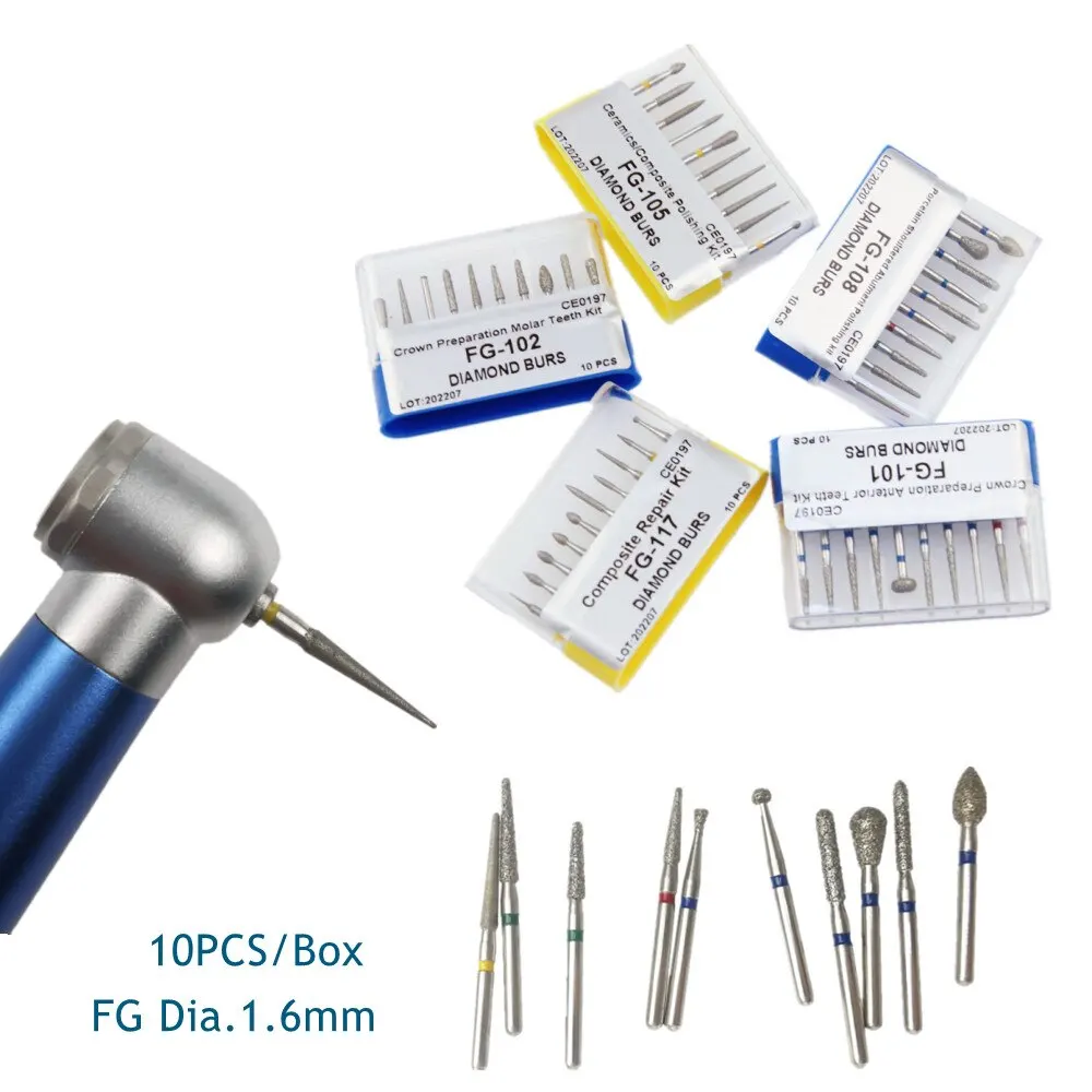 10 pz/scatola frese diamantate dentali frese per fragole kit di lucidatura per pezzi manuali ad alta velocità 1.6mm FG 101 105 prodotti per odontoiatria