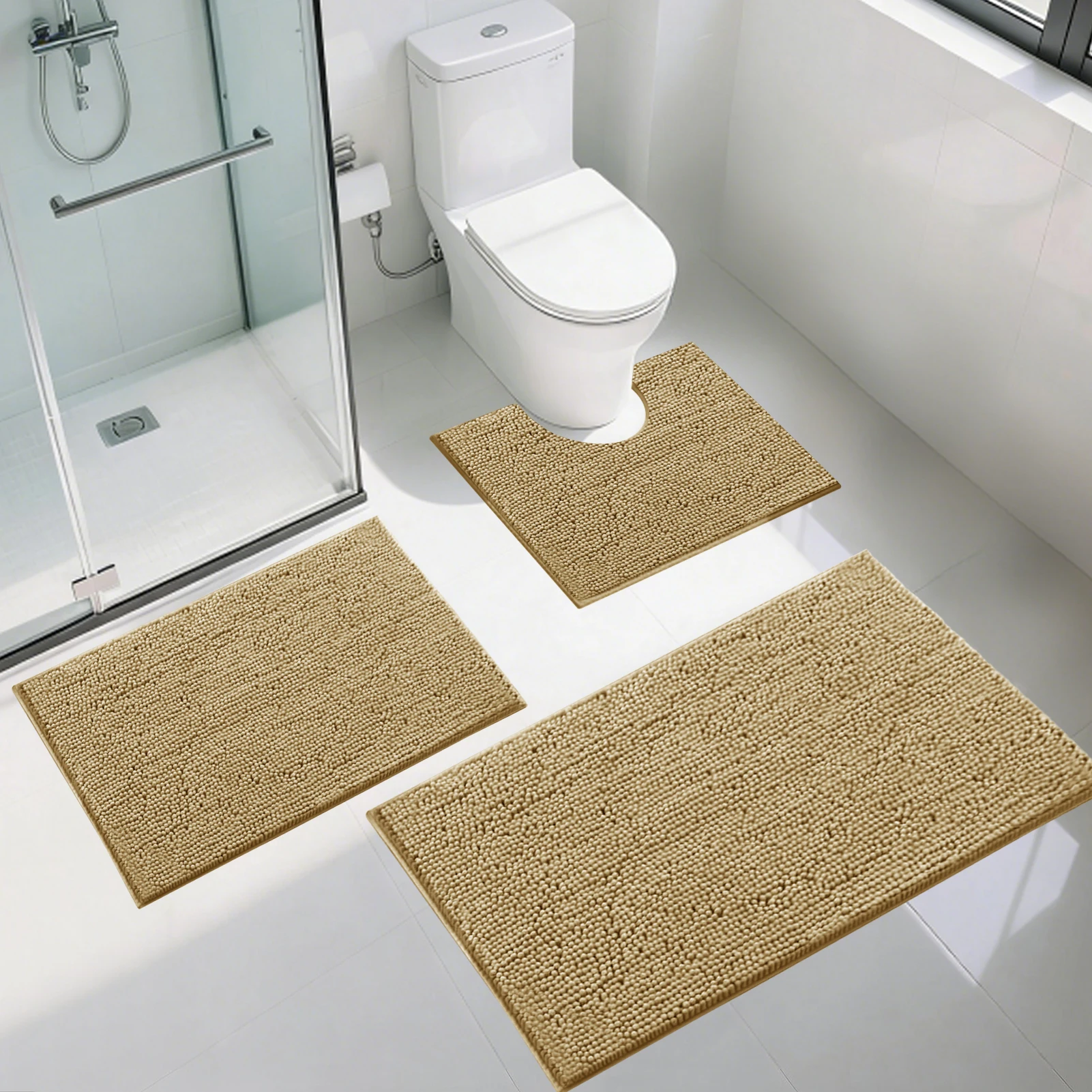 Ensemble de 3 tapis de salle de bain, épaisseur 1,5/3 cm, tapis de bain en chenille, motif rayé, tapis de bain shaggy pour salle de bain, tapis antidérapants pour sol