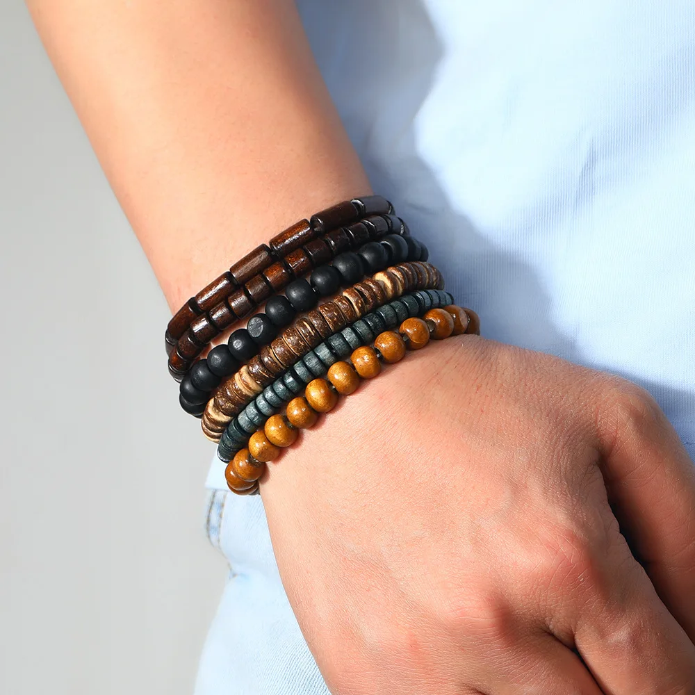 Braccialetti con perline di Buddha multistrato più venduti all'ingrosso Braccialetti con perline stile retrò da uomo Filo elastico multistrato regolabile in legno