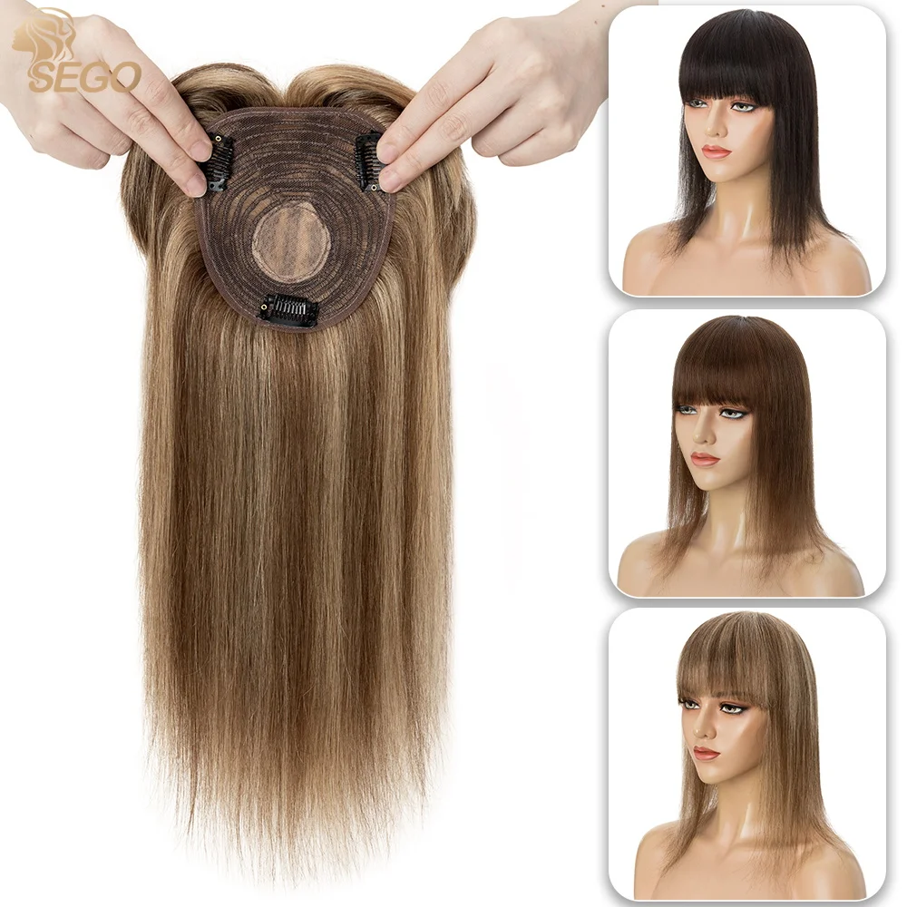 SEGO 10x12 cm Toppers per capelli umani Dritto Donna Topper Parrucca per capelli Posticci naturali con frangia 3 clip nelle estensioni dei capelli